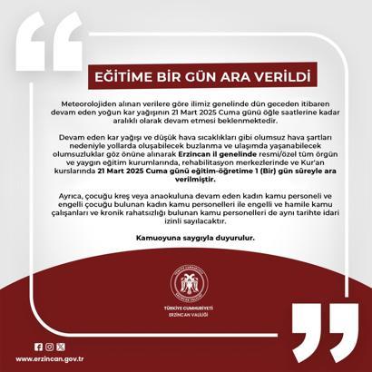 Erzincan’da eğitimde kar tatili uzatıldı