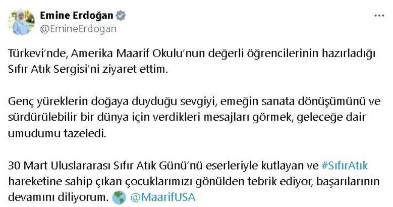 Emine Erdoğan'dan Amerika Maarif Okulu öğrencilerinin Sıfır Atık Sergisi'ni ziyaretine ilişkin paylaşım