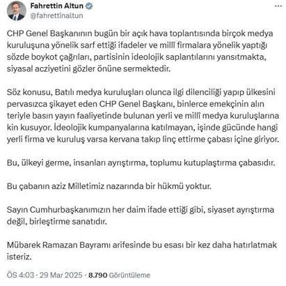 İletişim Başkanı Altun: CHP genel başkanının sözde boykot çağrıları siyasal acziyetini gösteriyor