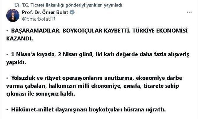 Bakan Bolat: 2 Nisan'da 2 katı daha fazla alışveriş yapıldı