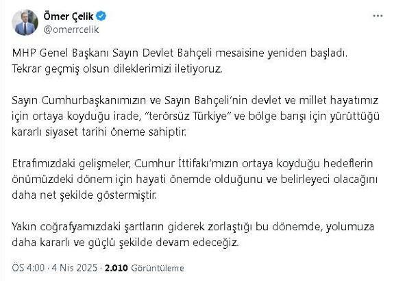 AK Parti'li Çelik'ten Bahçeli'ye 'geçmiş olsun' mesajı
