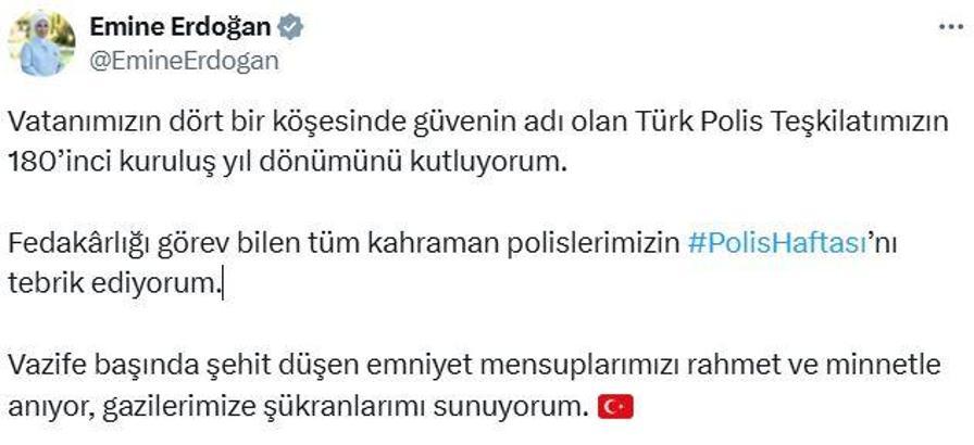 Emine Erdoğan'dan Türk Polis Teşkilatı'nın 180'inci kuruluş yıl dönümü mesajı