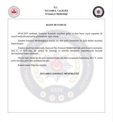 İstanbul- Esenyurt'ta, trafikte araç sürücüsüyle tartışan polis memuru görevden uzaklaştırıldı