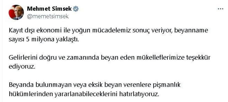 Bakan Şimşek: Gelir beyannamesi sayısı 5 milyona yaklaştı