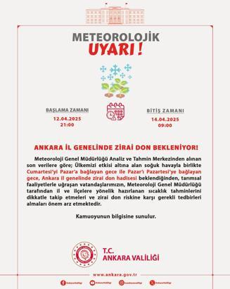 Ankara Valiliği'nden 'zirai don' uyarısı