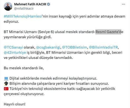 Bakan Kacır: BT Mimarisi Uzmanı ulusal meslek standardı, Resmi Gazete'de yayımlandı