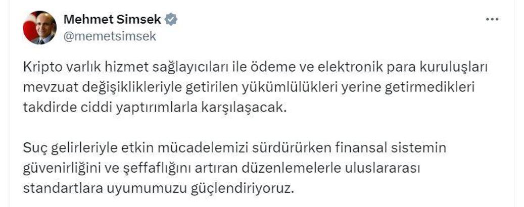 Bakan Şimşek'ten kripto hizmet sağlayıcıları ve ödeme kuruluşlarına uyarı