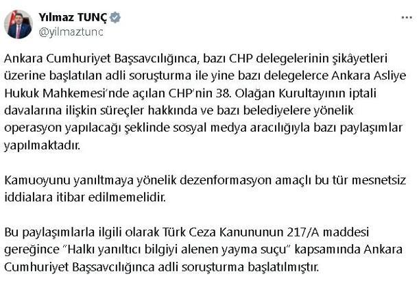 Bakan Tunç, 'CHP'ye kayyum atanacağı' iddialarına ilişkin soruşturma başlatıldığını açıkladı