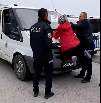 Sahipsiz hayvanları toplayan zabıta görevlilerinin aracına çıkan kadını polis ikna etti; olay anı kamerada
