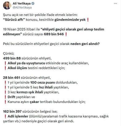 Bakan Yerlikaya: 'Sürücü affı' konusu kesinlikle gündemimizde yok