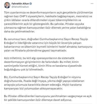 Altun: Bazı CHP'li siyasetçilerin çirkin iddiaları, siyasi tükenmişliklerinin açık bir göstergesi