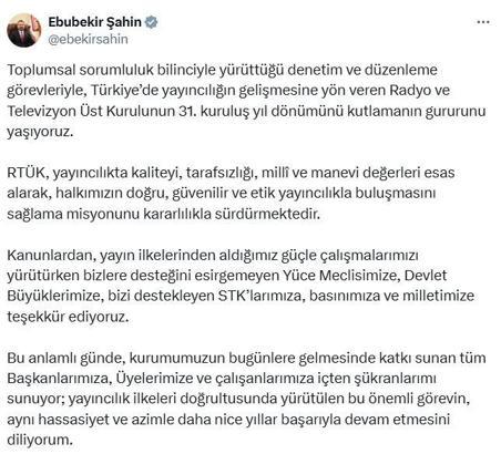 Ebubekir Şahin’den RTÜK’ün kuruluşunun 31'inci yıl dönümü mesajı
