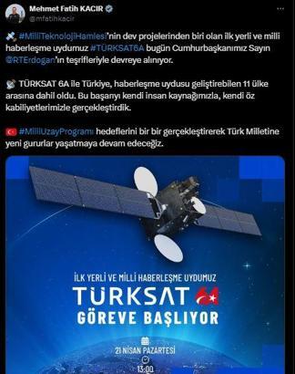 Bakan Kacır: Türkiye, haberleşme uydusu geliştirebilen 11 ülke arasına dahil oldu