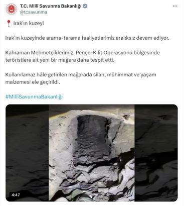 MSB: Pençe-Kilit bölgesinde tespit edilen mağarada silah ve mühimmat ele geçirildi