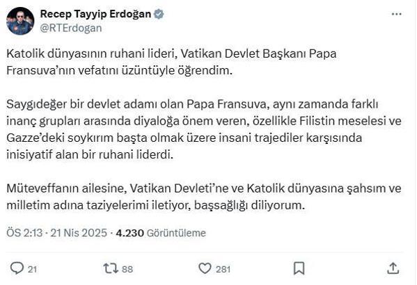 Cumhurbaşkanı Erdoğan'dan, Papa Fransuva için taziye mesajı