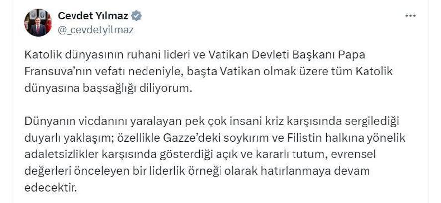 Cumhurbaşkanı Yardımcısı Yılmaz'dan, Papa Fransuva için taziye mesajı
