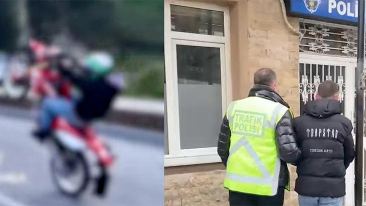 Tek teker üstünde giden motosiklet sürücüsüne ceza uygulanıp ehliyetine 2 süreyle el konuldu