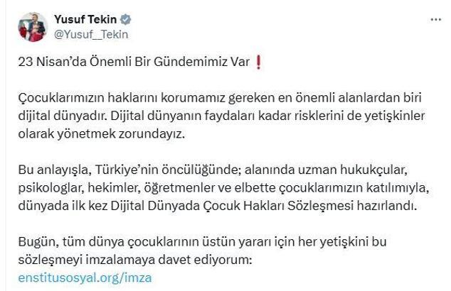 Bakan Tekin: Dünyada ilk kez Dijital Dünyada Çocuk Hakları Sözleşmesi hazırlandı