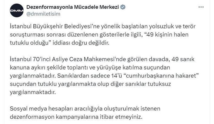 İletişim Başkanlığı: İstanbul'da 49 kişinin halen tutuklu olduğu iddiası doğru değil