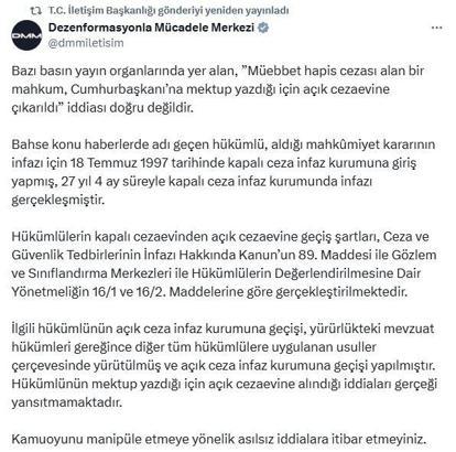 DMM: 'Müebbet alan mahkum, Cumhurbaşkanı'na mektup yazdığı için açık cezaevine çıkarıldı' iddiası doğru değil