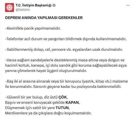 İletişim Başkanlığı'ndan, 'Deprem anında yapılması gerekenler' paylaşımı