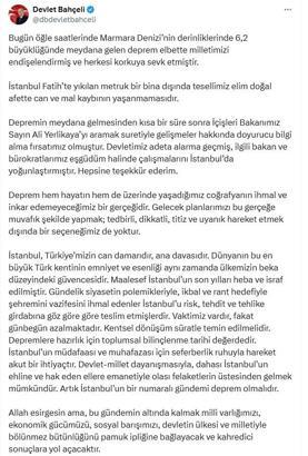 Bahçeli: Artık İstanbul'un bir numaralı gündemi deprem olmalıdır