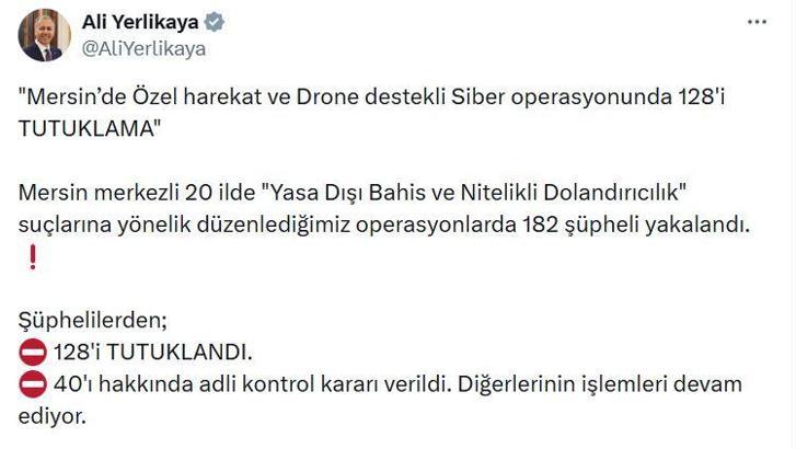 Mersin merkezli 20 ilde yasa dışı bahis operasyonu; 128 şüpheli tutuklandı