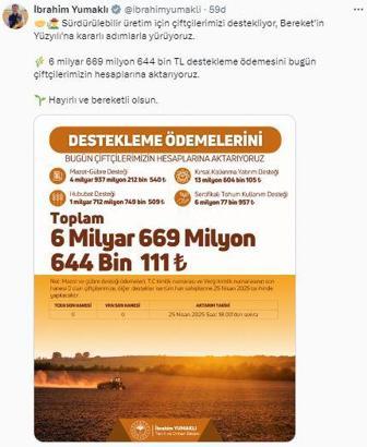 Bakan Yumaklı: 6,6 milyar TL tarımsal destek ödemesi bugün yatırılacak
