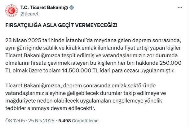Deprem sonrası emlak fiyatlarını artıranlara 14,5 milyon lira para cezası