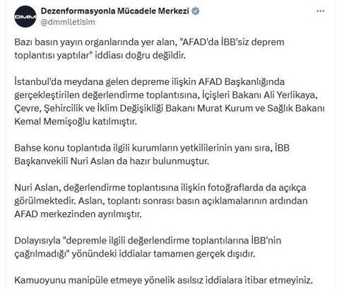 DMM: 'AFAD'da İBB'siz deprem toplantısı yaptılar' iddiası doğru değildir