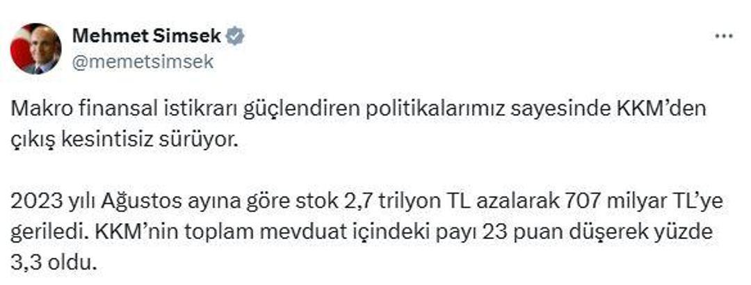 Bakan Şimşek: KKM'den çıkış kesintisiz sürüyor