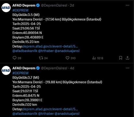 İstanbul - İstanbul'da 1 dakika arayla 2 deprem meydana geldi