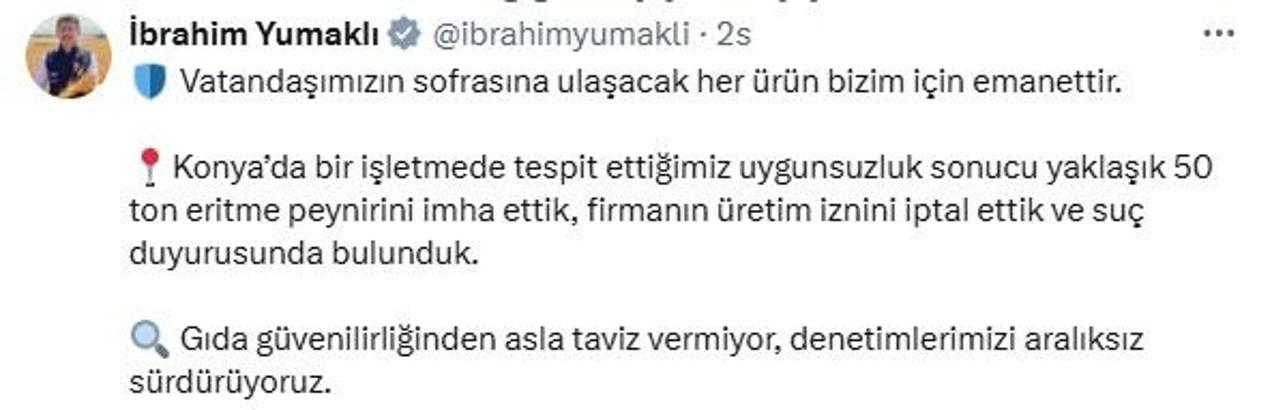 Bakan Yumaklı: 50 ton eritme peynirini imha ettik