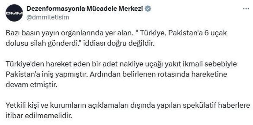 DMM: 'Türkiye, Pakistan'a 6 uçak dolusu silah gönderdi' iddiası doğru değil