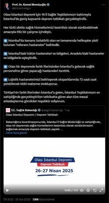 İstanbul - Bakan Memişoğlu'ndan, 'deprem tatbikatı' paylaşımı