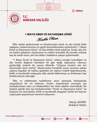 Ankara Valisi Şahin'den 1 Mayıs mesajı