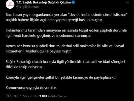 Bakanlıktan, 'devlet hastanesinde cinsel istismar' iddiasına ilişkin açıklama
