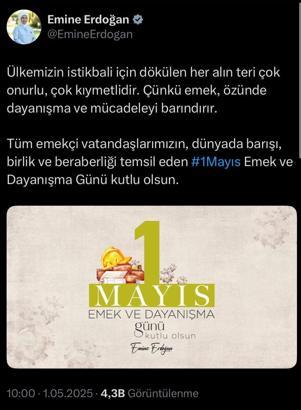 Emine Erdoğan'dan '1 Mayıs Emek ve Dayanışma Günü' mesajı