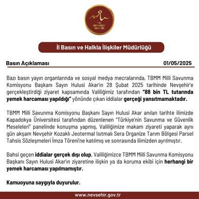 Valilikten '88 bin TL'lik yemek harcaması' iddialarına yalanlama