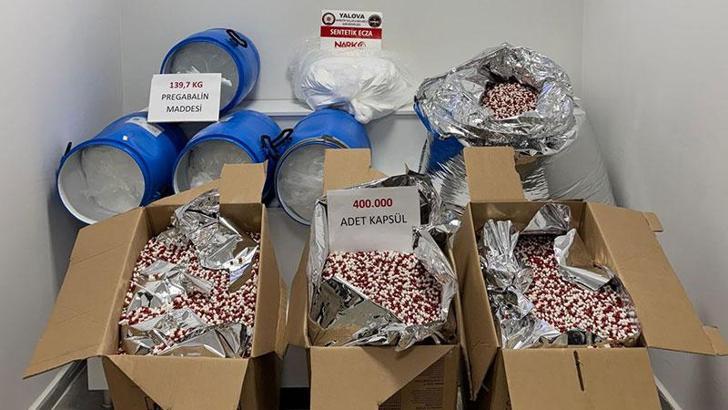 Yalova'da 140 kilo pregabalin maddesi ile doluma hazır 400 bin sentetik ecza kapsülü ele geçirildi; 3 tutuklama
