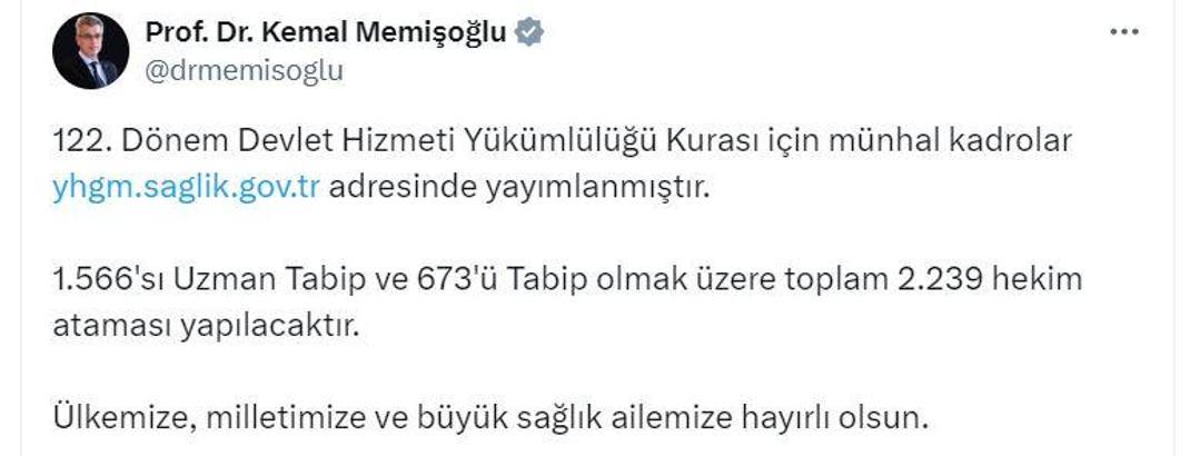 Bakan Memişoğlu: 2 bin 239 hekim ataması yapılacak