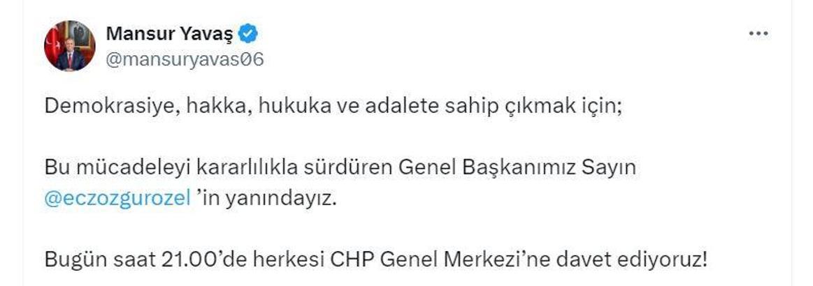 Mansur Yavaş: Saat 21.00'de herkesi CHP Genel Merkezi'ne davet ediyoruz