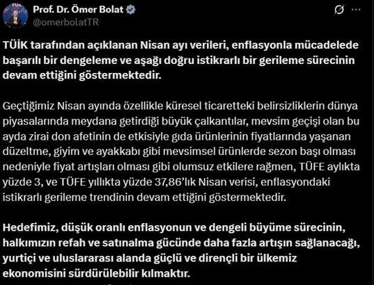 Bakan Bolat: TÜİK verileri, enflasyonla mücadelede başarılı bir dengeleme göstermekte