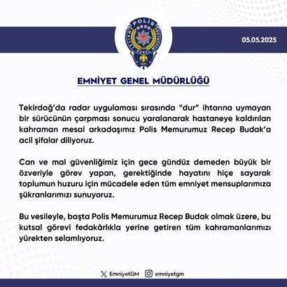 Tekirdağ'da 'dur' ihtarına uymayan sürücünün cipiyle çarptığı polisin tedavisi sürüyor (2)