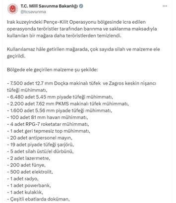 MSB: Pençe-Kilit bölgesinde, mağarada silah ve mühimmat ele geçirildi