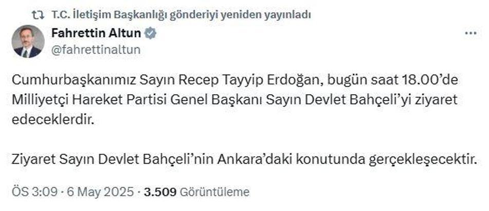 Cumhurbaşkanı Erdoğan, Bahçeli'yi ziyaret edecek