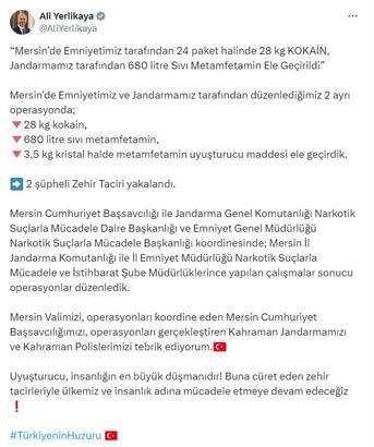Mersin'de 28 kilo kokain, 680 litre sıvı metamfetamin ele geçirildi