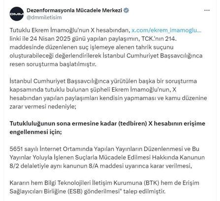 DMM: Ekrem İmamoğlu'nun X hesabına yargı kararıyla erişim engeli getirildi