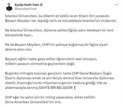 AK Parti'li İnan: CHP, İmamoğlu için miting yapacaksa adres Girne Amerikan Üniversitesi önü