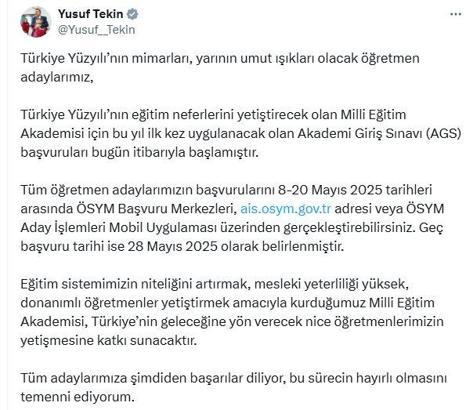 Bakan Tekin: Milli Eğitim Akademisi Giriş Sınavı başvuruları başladı